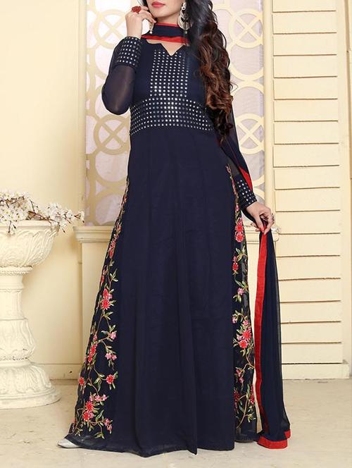 Blue georgette embroidered flared semi-stitched suit - 13971486 - Very Small Image - 1