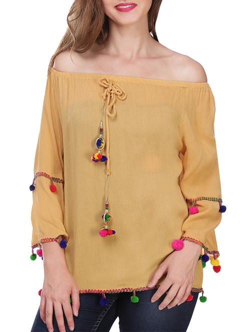 pom pom detail off shoulder top - 13984426 - Very Small Image - 1