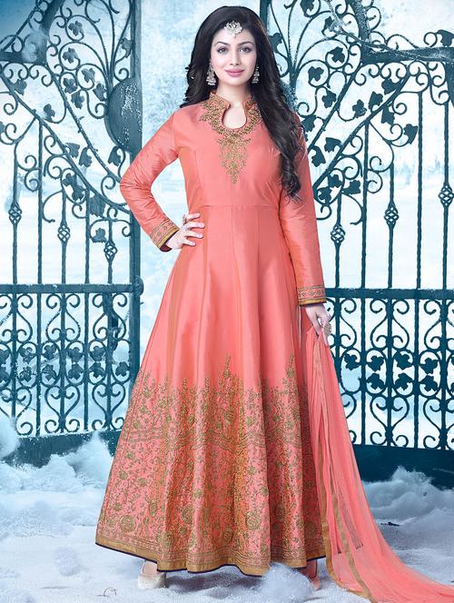 peach embroidered unstitched anarkali suit - 13989309 - Very Small Image - 1