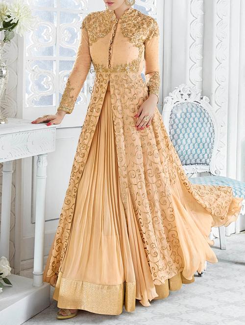 beige embroidered unstitched anarkali suit - 13989386 - Very Small Image - 1