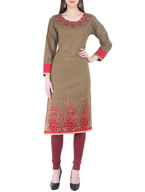 beige cotton embroidered straight kurta - 13989982 - Very Small Image - 1