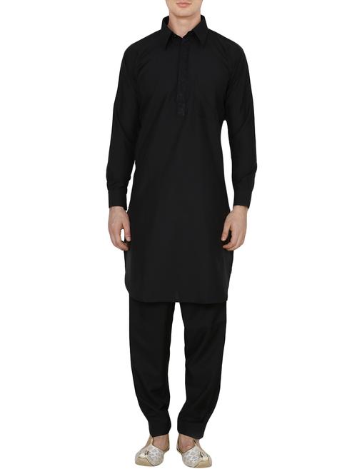solid black cotton kurta pyjama set - 13990013 - Very Small Image - 1
