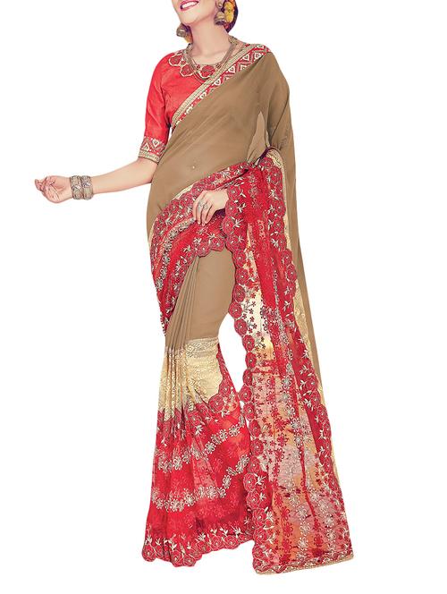 beige embroidered georgette saree with blouse - 13992738 - Very Small Image - 1