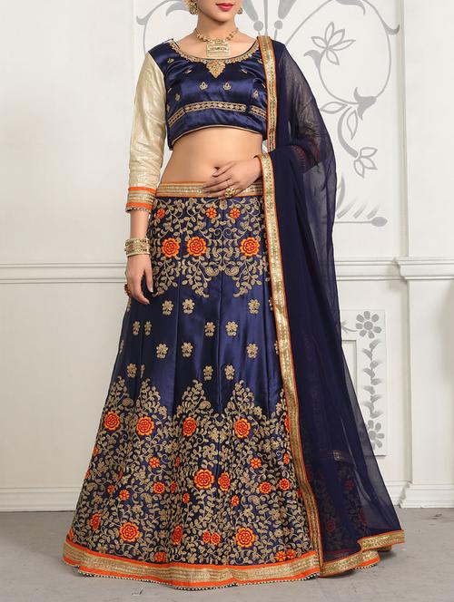 blue satin embroidered panelled lehenga - 13994422 - Very Small Image - 1