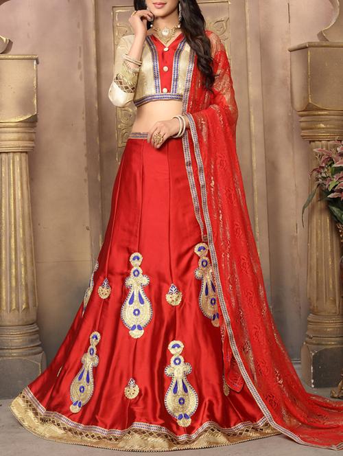 red satin embroidered panelled unstitched lehenga - 13994425 - Very Small Image - 1