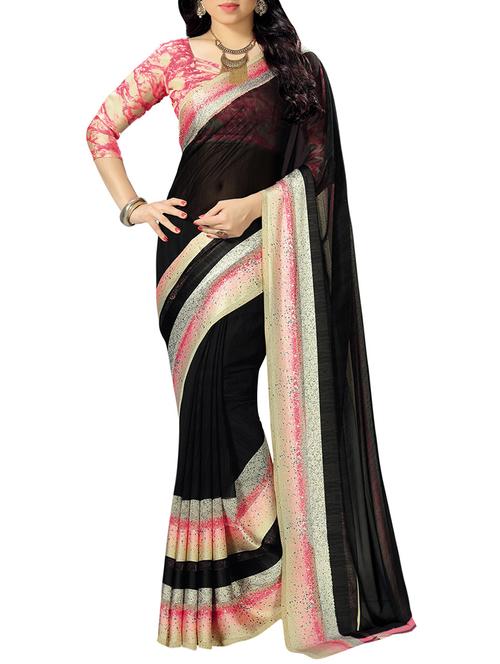 black georgette printed saree with blouse - 13996075 - Very Small Image - 1