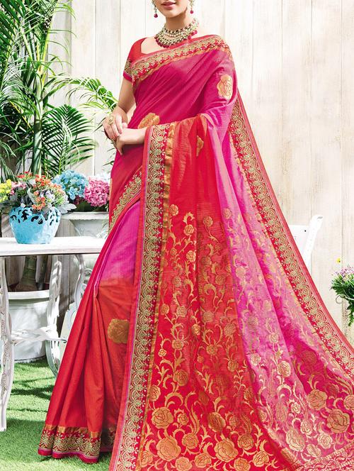 pink and red printed silk saree with blouse - 13997078 - Very Small Image - 1
