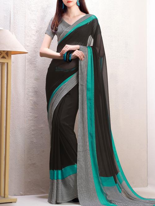 black faux georgette printed saree with blouse - 13999364 - Very Small Image - 1