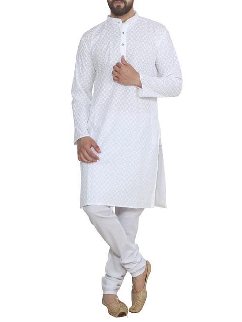 white cotton kurta payjama set - 14002133 - Very Small Image - 1
