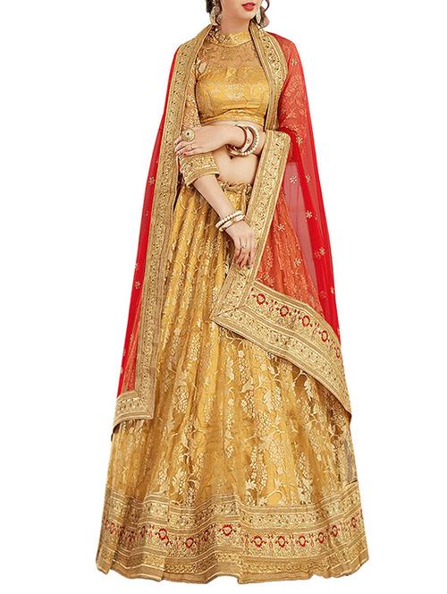 yellow net flared lehenga - 14003661 - Very Small Image - 1
