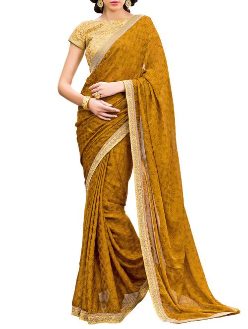 mustard georgette printed saree with blouse - 14004611 - Very Small Image - 1