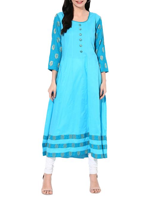 sky blue cotton flared kurta - 14009339 - Very Small Image - 1