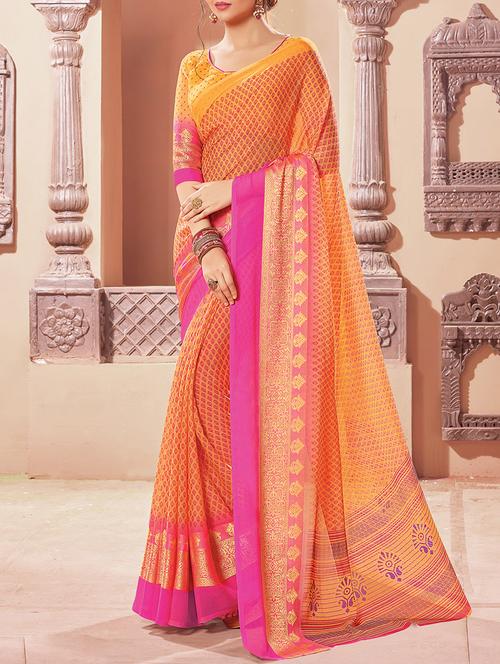 orange georgette printed saree with blouse - 14011566 - Very Small Image - 1