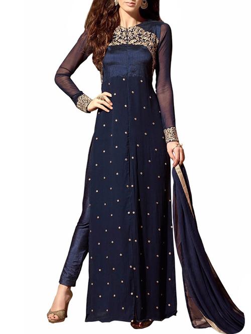 blue georgette embroidered semi-stitched suit - 14040547 - Very Small Image - 1