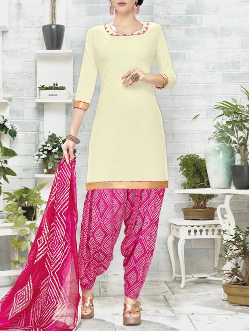 cream cotton unstitched suit - 14042464 - Very Small Image - 1