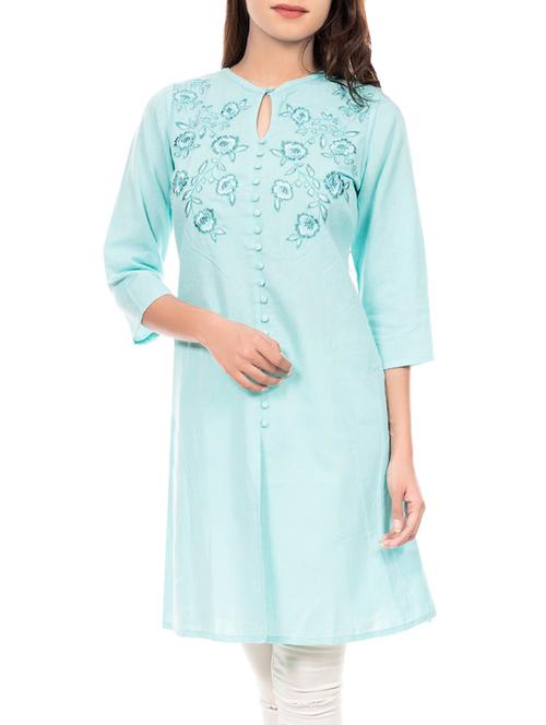 sky blue linen straight kurta - 14047443 - Very Small Image - 1