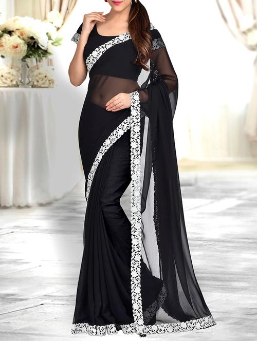 black georgette bordered saree with blouse - 14048221 - Very Small Image - 1
