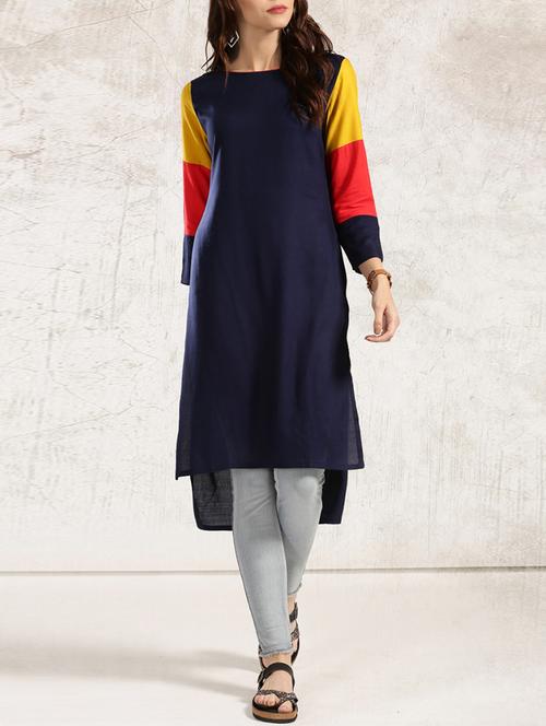 blue crepe high low kurta - 14048302 - Very Small Image - 1