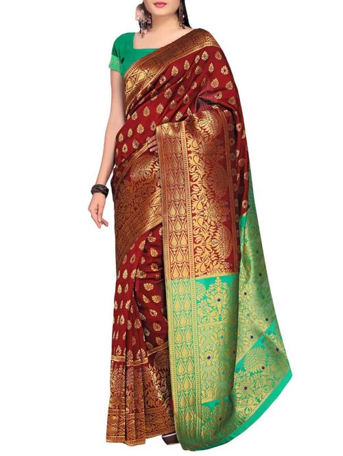 red banarasi silk blend saree with blouse - 14049654 - Very Small Image - 1