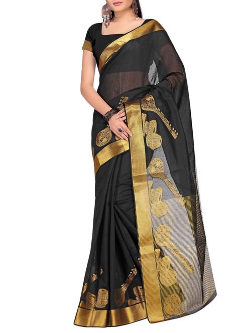 black cotton woven saree with blouse - 14049683 - Very Small Image - 1