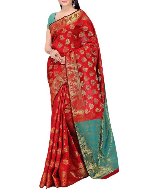 red banarasi silk blend saree - 14049755 - Very Small Image - 1