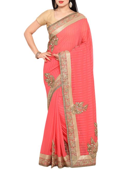 pink crepe embroidered saree with blouse - 14049858 - Very Small Image - 1