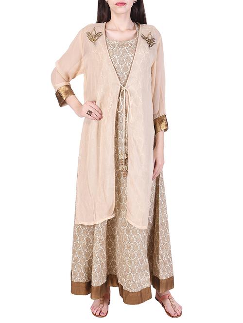 beige lotus printed cotton dress with georgette jacket - 14052233 - Very Small Image - 1