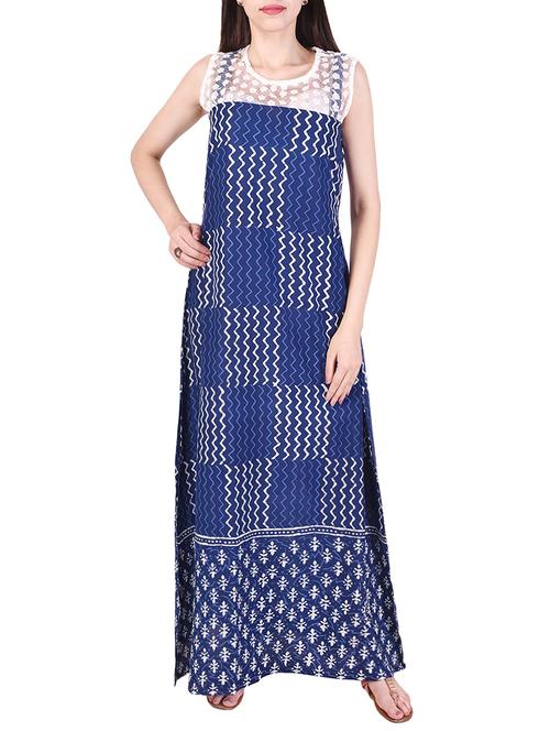 pink lemon indigo cotton a- line dress with net yoke - 14052248 - Very Small Image - 1