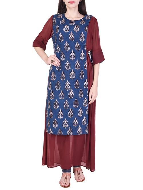 blue and maroon printed flared kurta - 14052258 - Very Small Image - 1