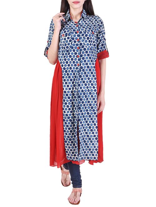 pink lemon blue & red two piece layered kurta - 14052399 - Very Small Image - 1