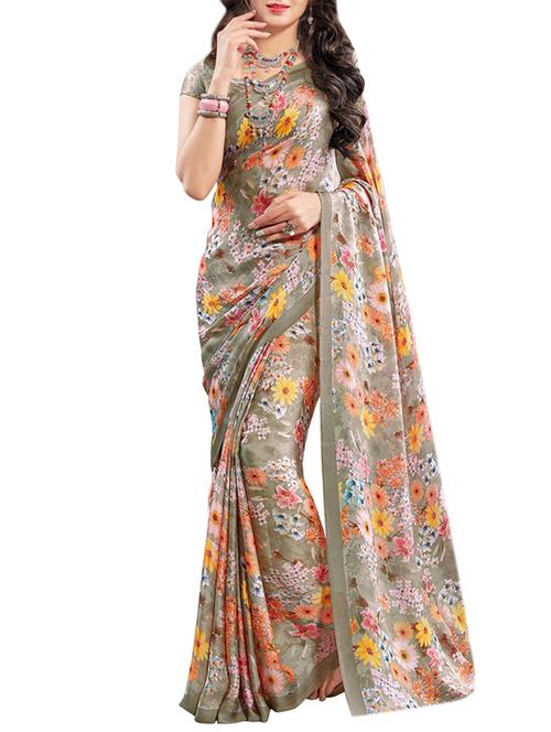 grey satin printed saree with blouse - 14053132 - Very Small Image - 1