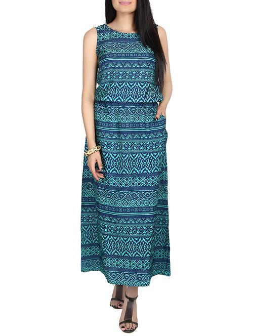 Blue Printed Crepe Maxi Dress - 14053660 - Very Small Image - 1