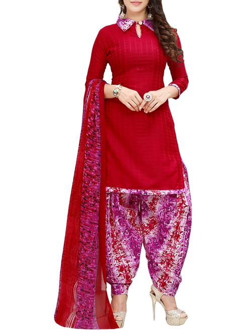 red cotton unstitched suit - 14054604 - Very Small Image - 1