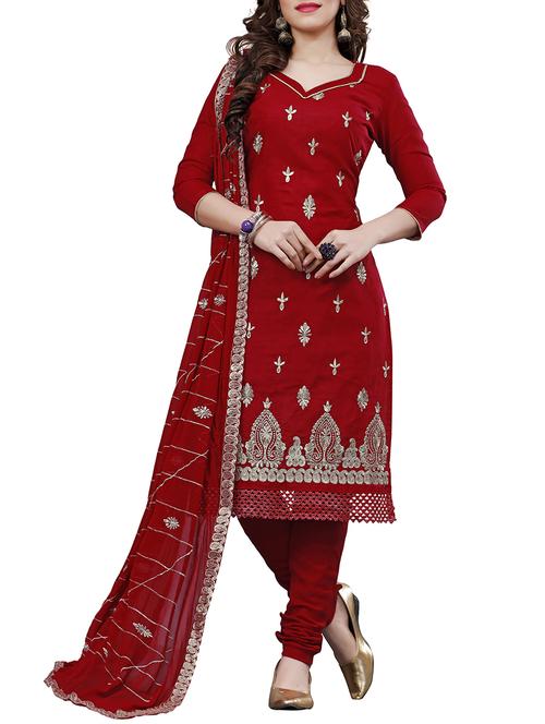 red cotton unstitched suit - 14054680 - Very Small Image - 1