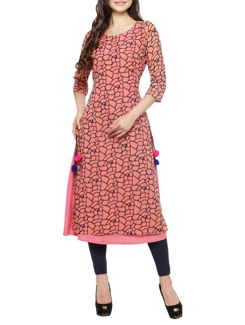 peach georgette straightlayered kurta - 14062080 - Very Small Image - 1