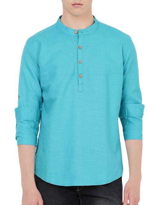 solid turquoise linen short kurta - 14063372 - Very Small Image - 1