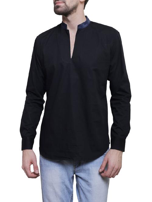 solid black cotton short kurta - 14069240 - Very Small Image - 1