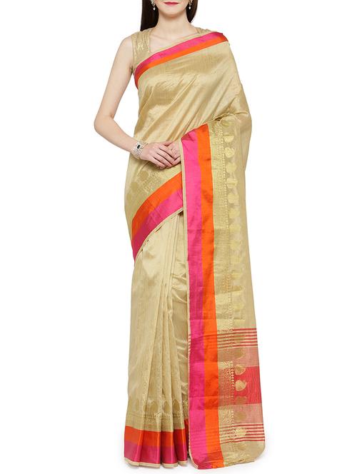 beige bordered saree with blouse - 14070133 - Very Small Image - 1