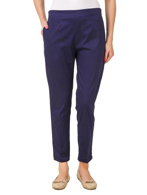 Navy Blue Cotton Lycra Cigarette Trouser - 14070681 - Very Small Image - 1