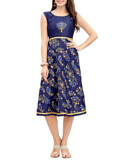 navy blue cotton blend a-line fusion dress - 14070682 - Very Small Image - 1