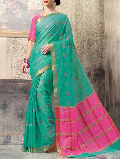 green woven cotton blend saree with blouse - 14075938 - Very Small Image - 1