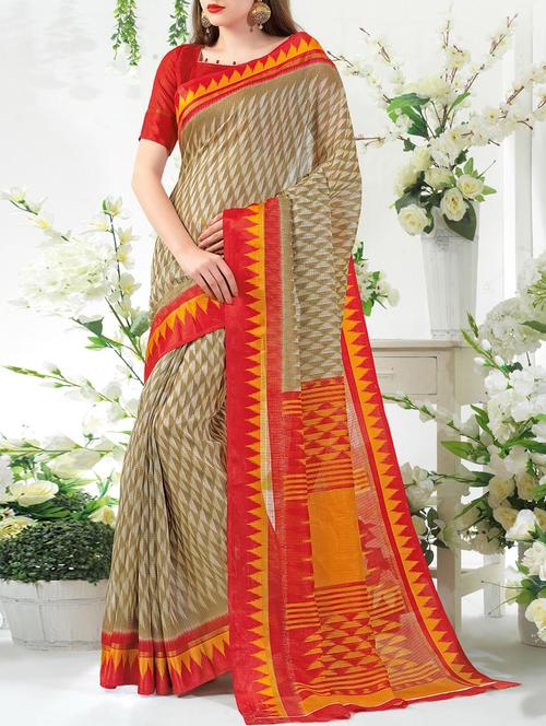 beige printed cotton blend saree with blouse - 14075952 - Very Small Image - 1