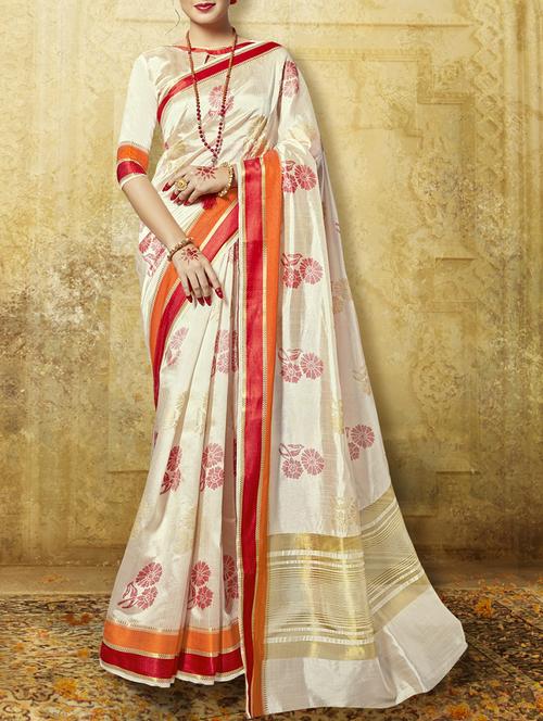 cream art silk printed saree with blouse - 14076002 - Very Small Image - 1