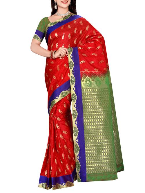 red yellow art silk woven saree with blouse - 14076327 - Very Small Image - 1