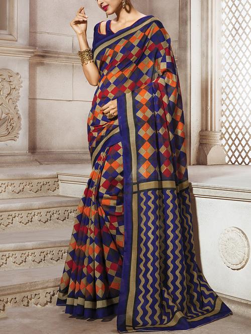 blue silk printed saree with blouse - 14076409 - Very Small Image - 1