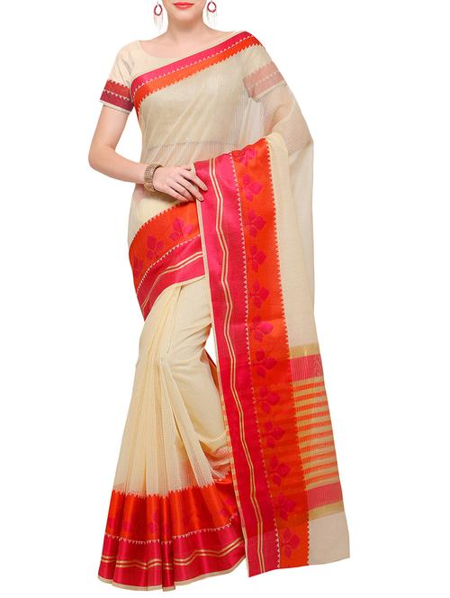 cream bordered saree with blouse - 14076422 - Very Small Image - 1