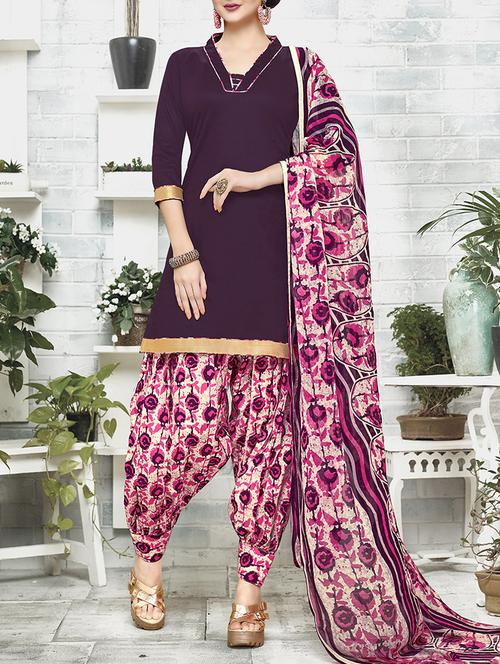 purple cotton unstitched suit - 14076465 - Very Small Image - 1