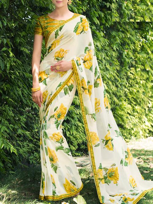 white georgette printed saree with blouse - 14078555 - Very Small Image - 1