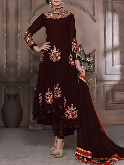 brown georgette high-low semi-stitched suit - 14078892 - Very Small Image - 1