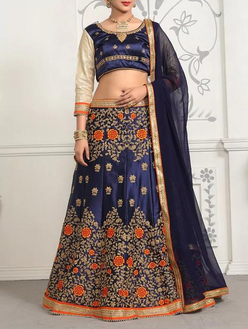 blue satin embroidered panelled lehenga - 14081010 - Very Small Image - 1